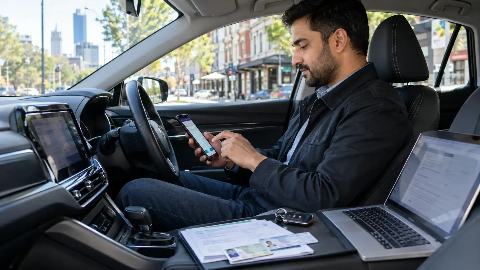 DiDi driver in Melbourne reviewing rideshare sign-up requirements beside a modern hybrid car