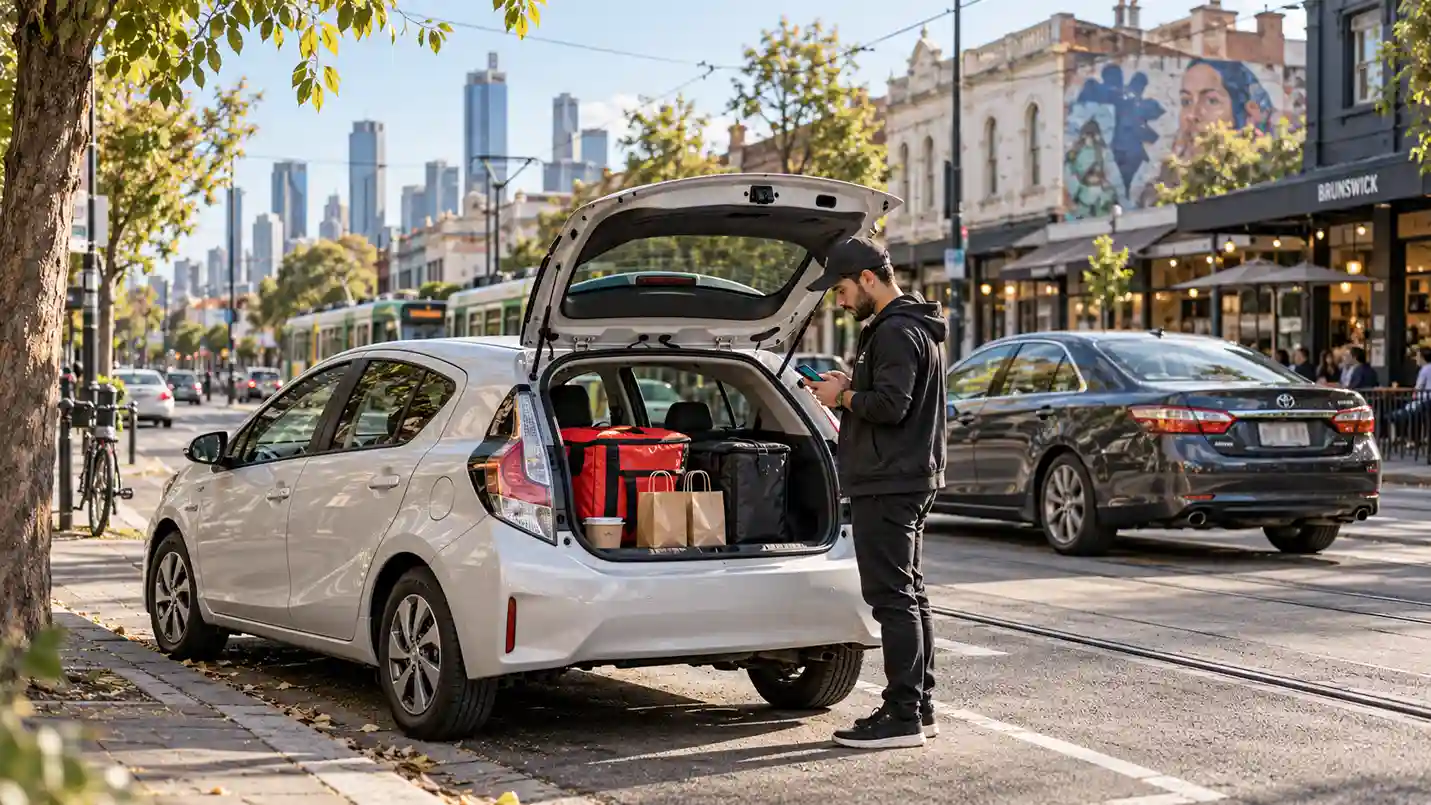 Compact hybrid hatchback prepared for Uber Eats style food delivery in Melbourne, compared with a larger passenger car for rideshare and delivery work.