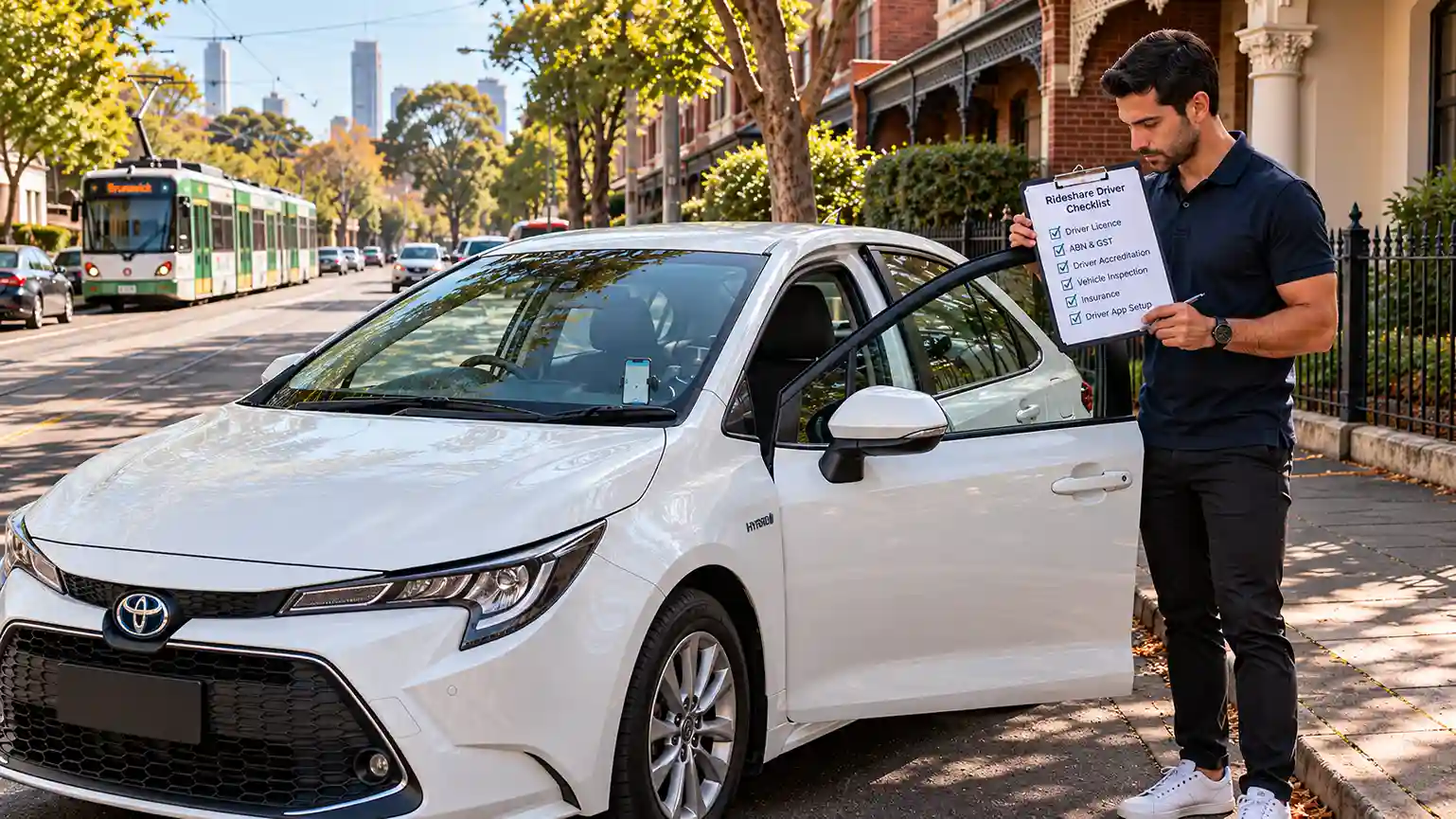 Melbourne rideshare driver reviewing a first-shift checklist beside a white Toyota Corolla Hybrid rental car in Brunswick.